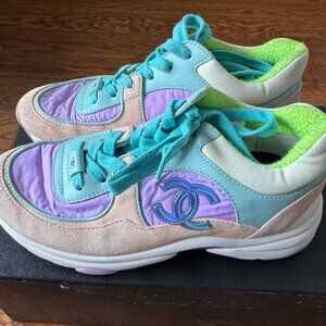 CHANEL Nylon Lambskin Suede Calfskin CC Sneakers Green Purple Pink